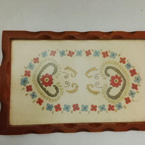 Vintage wooden serving tray with handmade embroidery, used