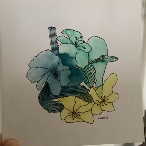 Abstract hand-painted flowers new, watercolor and colored pencils