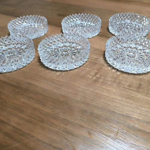 Set of 6 vintage pressed crystal coasters with diamond pattern