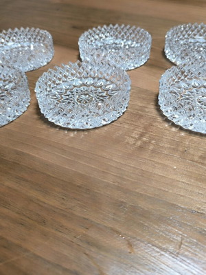 Set of 6 vintage pressed crystal coasters with diamond pattern