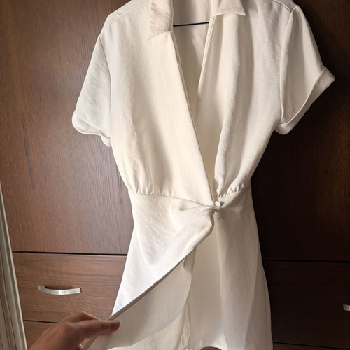 Zara mini dress, white, size XS, draped waist tie, collar