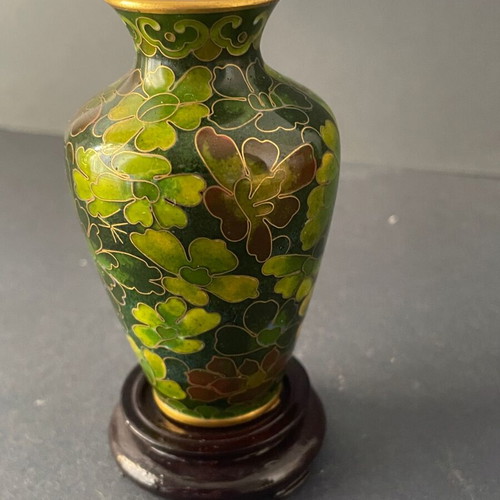 Chinese mini cloisonné vase used, emerald green brass enamel 8cm