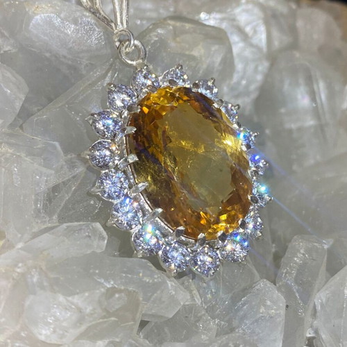 Silver pendant with large cut citrine stone and moissanites, new