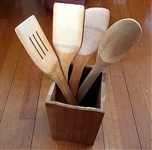 SET 4  ξυλινες κουτάλες απο μπαμπού με βάση ξύλινη