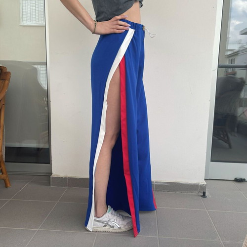 Blue Wide-Leg Pants with Side Slits and Stripes like new