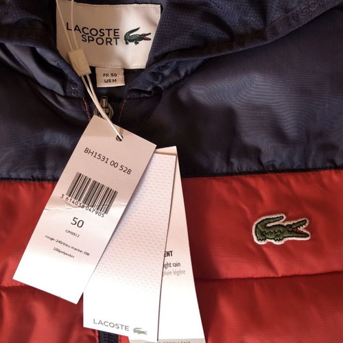 Lacoste Sport Hooded Water-Resistant Quilted Jacket new, men's M, blue and red