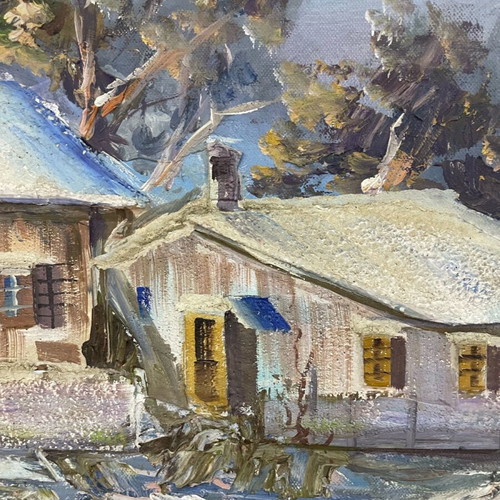 Relief oil painting by N. Papadopoulos in frame, like new, snowy landscape