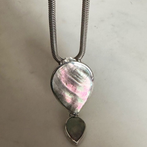 Vintage 925 Silver Pendant with Black Mother of Pearl Double Teardrop and Chain