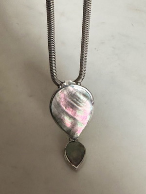 Vintage 925 Silver Pendant with Black Mother of Pearl Double Teardrop and Chain