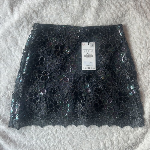 Zara Anthracite Grey Sequin Knit Mini Skirt Size S New