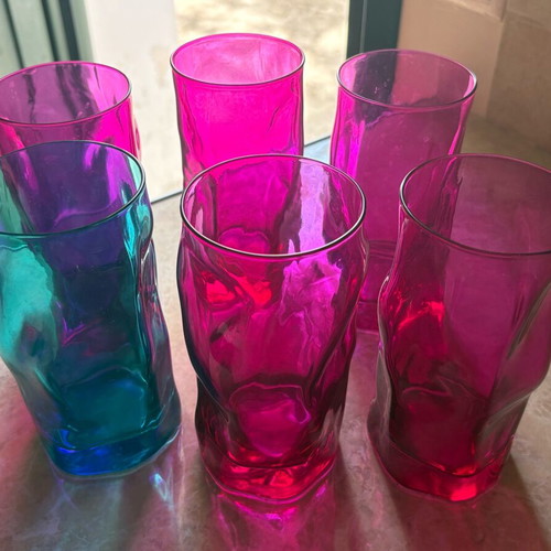 Colored glass water glasses set of 6, wavy design