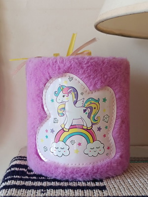 Fluffy pink pencil holder with unicorn design