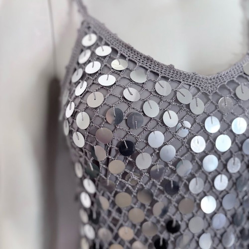 Silver top with sequins crochet, size S, like new