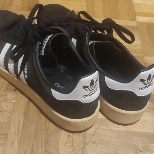 Adidas Campus sneakers used, black with white stripes, size 46.5