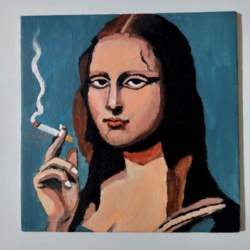 Mona Lisa smoking canvas painting new, acrylic 13×13 cm