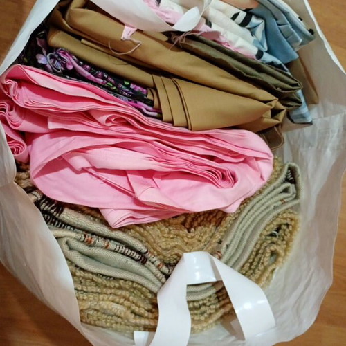Various fabrics and trims many meters, vintage prints and woven wool throws