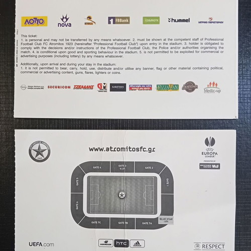 Atromitos Athens Europa League 2012 2013 Tickets set of 2 like new
