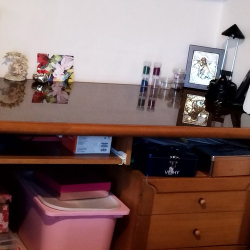 Wooden desk with glass and three drawers and bookshelf set like new