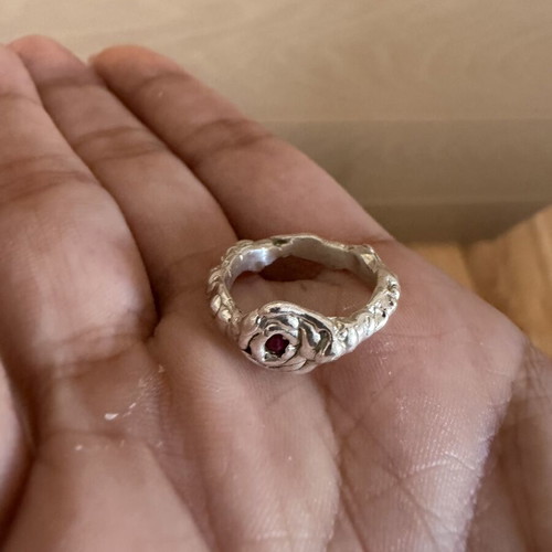 Silver melted ring with red stone size 17 like new