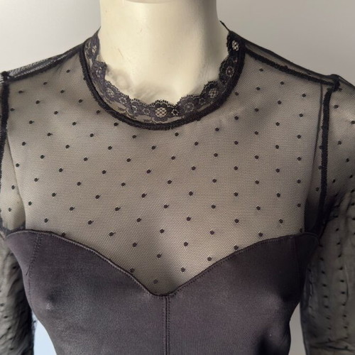 Bodycon evening dress black with mesh polka dots and leatherette like new