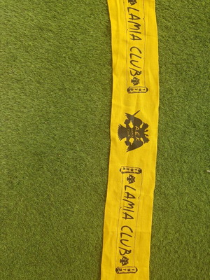 AEK Lamia Club Scarf used, yellow-black with emblem and print