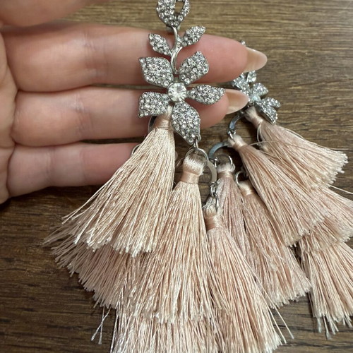 Earrings with zircon and pink tassels new, silver