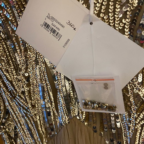 Official long dress new, beige with gold and silver sequins
