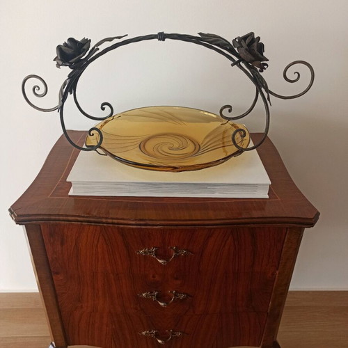 Vintage fruit bowl with a forged iron base & amber glass bowl