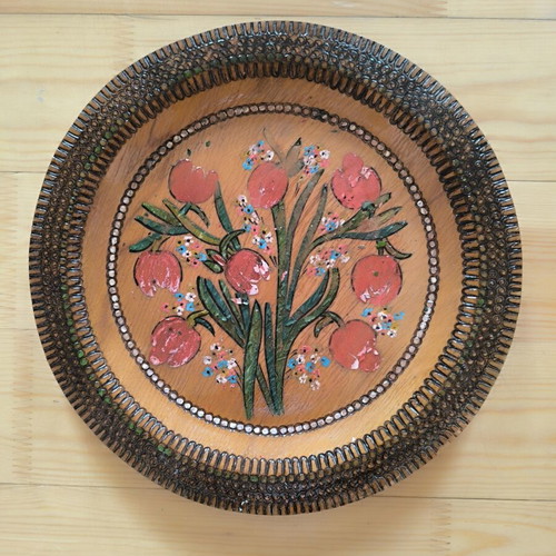 Vintage Handmade Wooden Wall Plate 27cm with Pyrography and Painting
