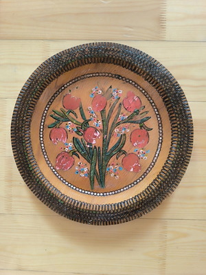 Vintage Handmade Wooden Wall Plate 27cm with Pyrography and Painting