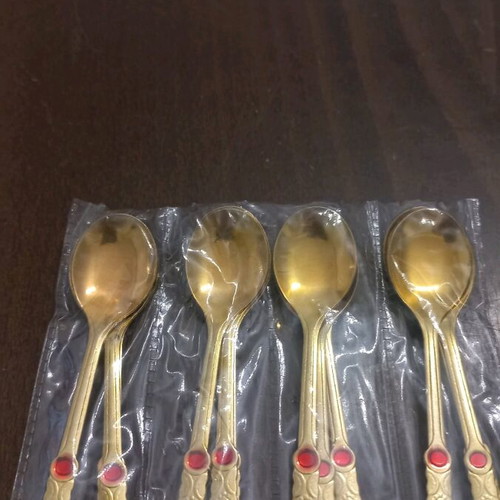 Dessert spoons new, pack of 12, gold with red