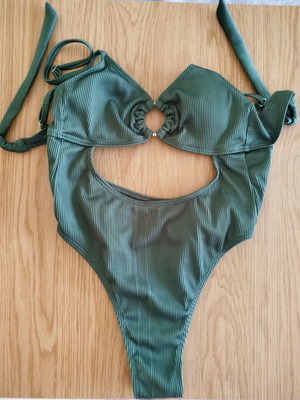 One-piece swimsuit khaki like new with belly cut-out size M