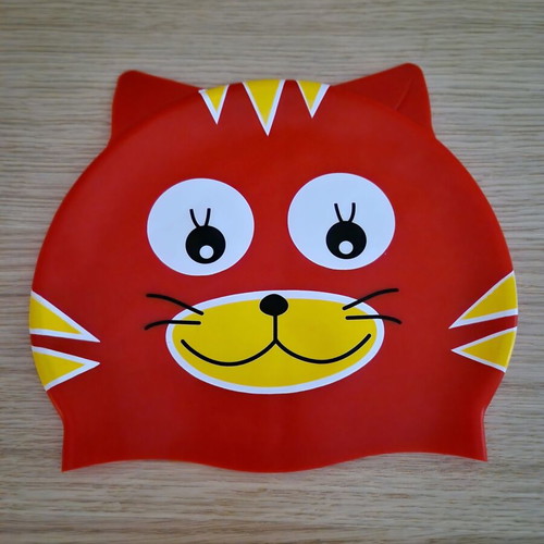 Children's Waterproof Silicone Swimming Cap with Red Cat Design like new