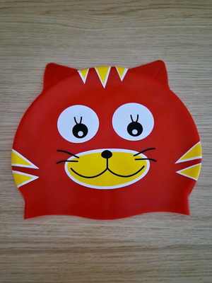 Children's Waterproof Silicone Swimming Cap with Red Cat Design like new