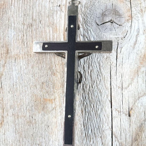 Antique Crucifix 13.2cm Used Habit Cross Solid Metal & Ebony