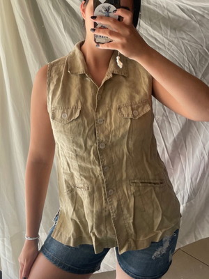 T-shirt sand color used, vintage long blouse with buttons
