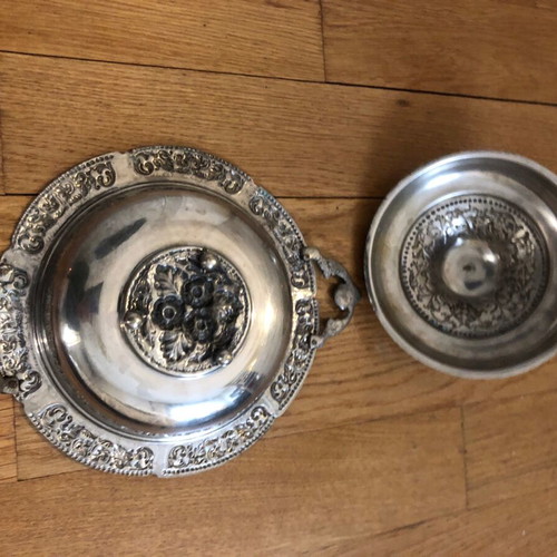 Antique Silver-Colored Covered Bowl used, decorative with embossed designs