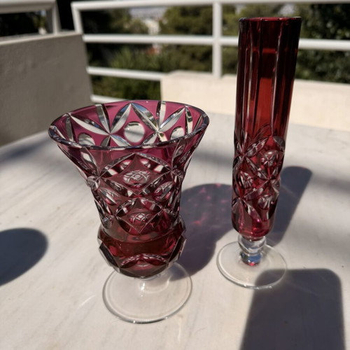Vintage Ruby Red Overlay Crystal Vase Set like new