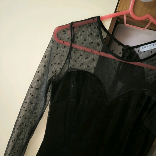 Loavies velvet dress with polka dot transparency like new, black