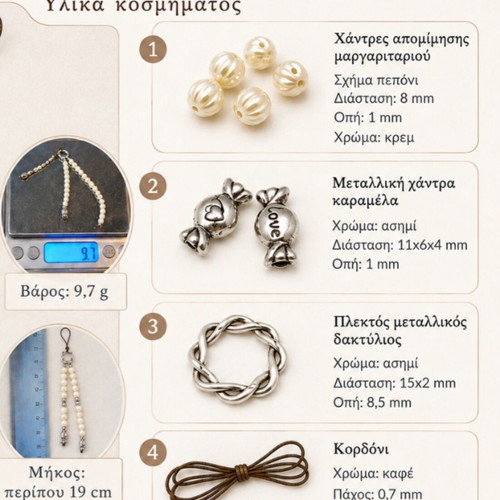 Mobile phone charm with imitation pearl beads and metal candy accents
