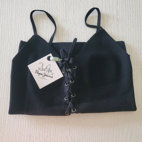 Pepe Jeans Dua Lipa Black Ribbed Top With Thin Straps And Crossed Lacing Size Medium New