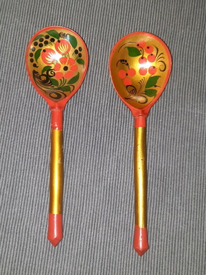 Khokhloma wooden spoons 2 new, handmade, lacquered, hand-painted