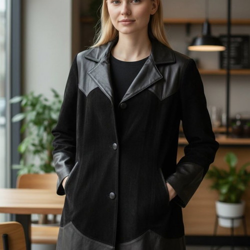 Collectible leather coat with detachable natural fox fur like new, black