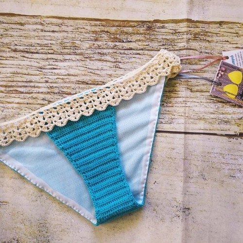 Handmade knitted swimsuit new, size M/L, beige and turquoise