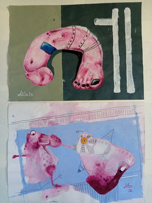 Lot of 2 new paper paintings acrylic pencil