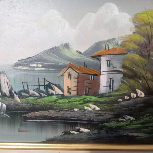 Oil painting used on wood with landscape theme and frame