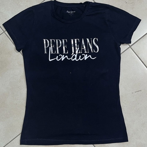 Pepe Jeans London Women T-Shirt black metallic logo print size M like new