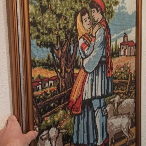 Vintage Handmade Gobelin Embroidery in Solid Walnut Frame 70x55