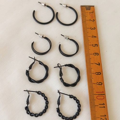 Set of 4 Small Black Stainless Steel Hoop Earrings new