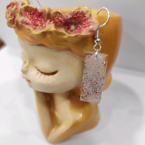 Earrings made of UV liquid glass new, silver with white beads and glitter